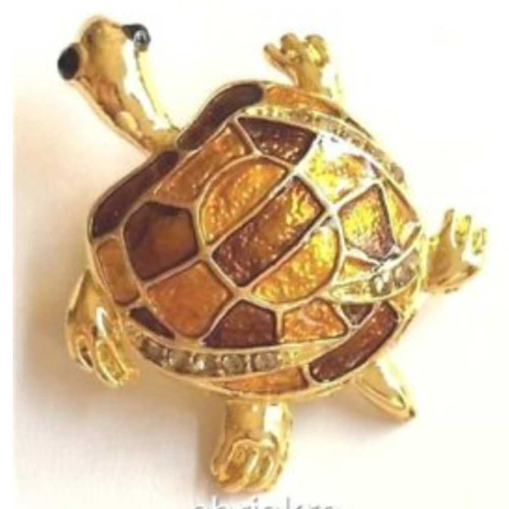 Turtle Brooch Pin Gold Plated Sea Life Brown Yellow Orange Enamel Nautical